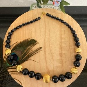 Vintage Black Onyx & Gold Beaded Necklace